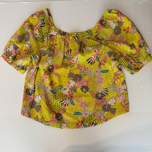 Loft Linen Artsy Yellow Floral Puff Sleeve Top Large Square Neck Boho Vacation - Picture 7 of 13